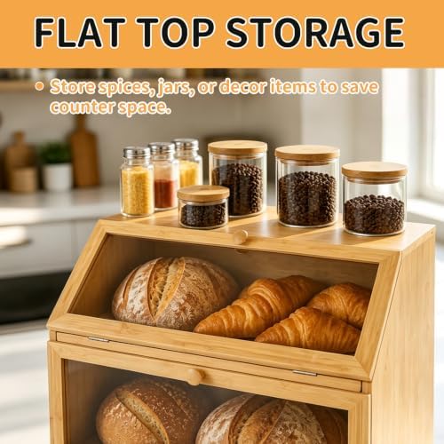 HOMEKOKO Double Layer Bread Box for Kitchen Countertop, Natural Bamboo