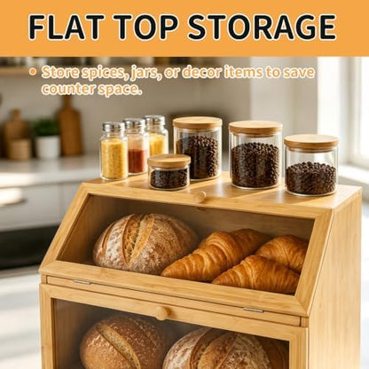 HOMEKOKO Double Layer Bread Box for Kitchen Countertop, Natural Bamboo