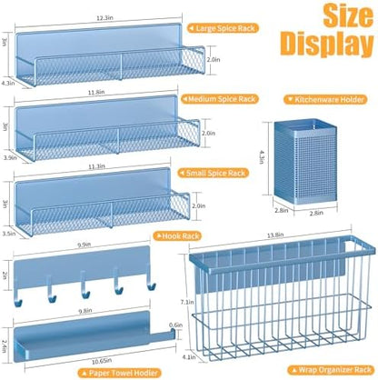Magnetic Spice Rack for Refrigerator, 7 Pack Metal Magnetic Shelf, Moveable Magnetic Storage Fridge Organizer, Spice Organizer, Hook Rack, Paper Towel Holder, Utensils and Cutting Board Holder, Blue