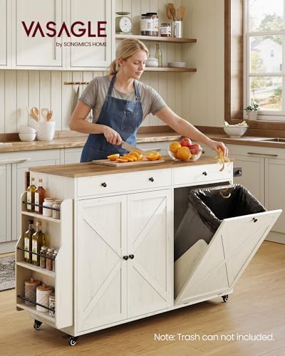 VASAGLE Mobile Kitchen Island with Trash Can Storage, Drop Leaf