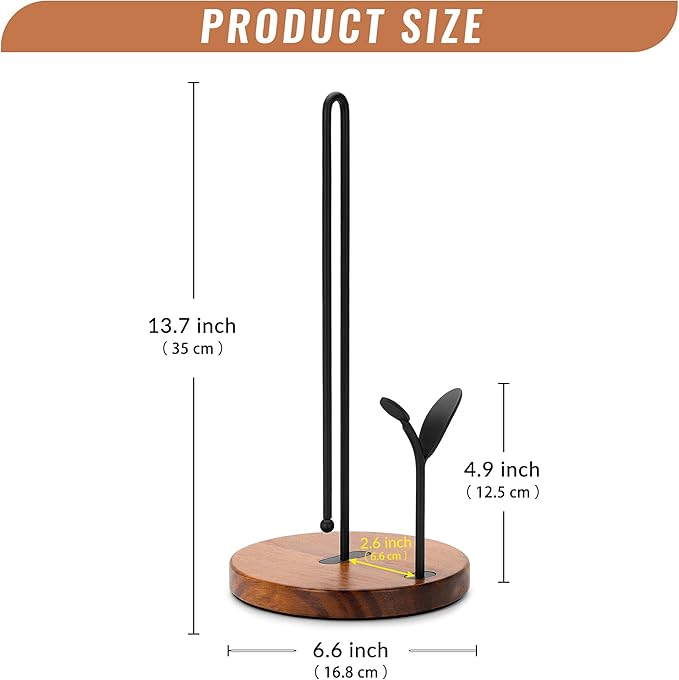 Wood Paper Towel Holder Countertop, Leaf-Shaped Accent Iron Rods