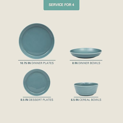 Gibson Home Summer Shades 16 Piece Plates and Bowls Dishes Service for 4 Porcelain Dinnerware Set - Blue