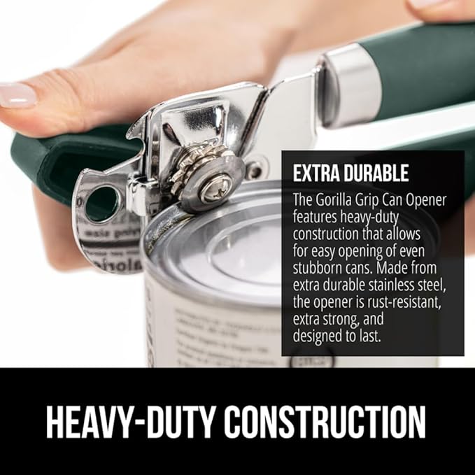 GORILLA GRIP Heavy Duty Stainless Steel Smooth Edge Manual Can Opener and Bottle Openers, Soft Comfortable Handle, Oversized Handheld Turn Knob, US Designed Multifunctional Kitchen Tool, Hunter Green