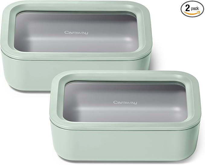 Caraway 2pc Glass Food Storage Set - 6.6 Cup Food Containers (2) - Ceramic Coated - Non Toxic, Non Stick Lunch Box with Lids. Dishwasher, Oven, & Microwave Safe - Mist