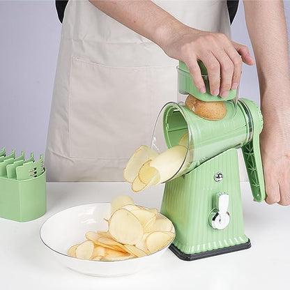 Rotary Cheese Grater with 5 Blades, Large Food Tube, Safety Food Pusher, Strong Suction Base, Mint Green