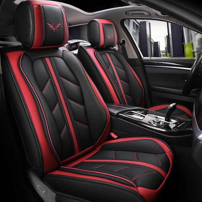 otoez Leather Car Seat Covers Full Set, Full Coverage Seat Covers for Cars, Waterproof Automotive Front & Back Seat Protector Universal Fit Most 5 Seats Car Sedan Truck SUV (Black & Red)