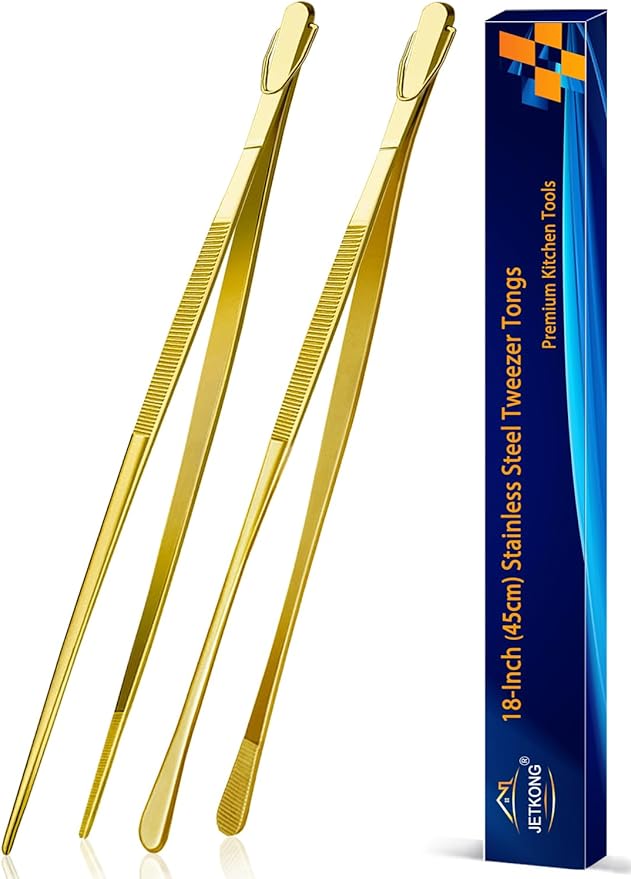 JETKONG 2 Pcs 18 Inch (45cm) Stainless Steel Grill Tongs Heavy Duty Giant Tweezer Tongs, Extra Large Tweezers Tools for Cooking, Grilling, BBQ and Turning Food (Gold)