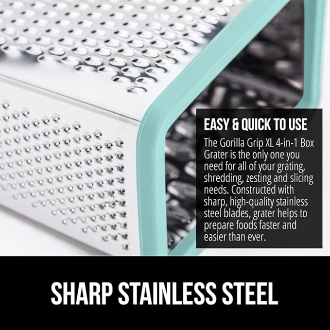 GORILLA GRIP 4-Sided 100% BPA-Free Cheese Grater With Container, Stainless Steel XL Box Graters, Parmesan Shredder, Grate Cheeses, Shred Veggies, Slip Resistant Handle, Dishwasher Safe Zester, Mint