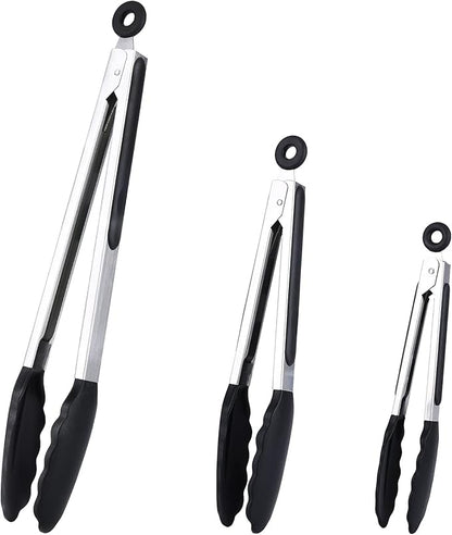 Kitchen Tongs Set of 3, Black Cooking Tongs with Silicone Tips, Non-Stick Non-Scratch Heat Resistant Tongs for Grilling Cooking BBQ Buffet Salad (Black, 7/9/12 Inch)