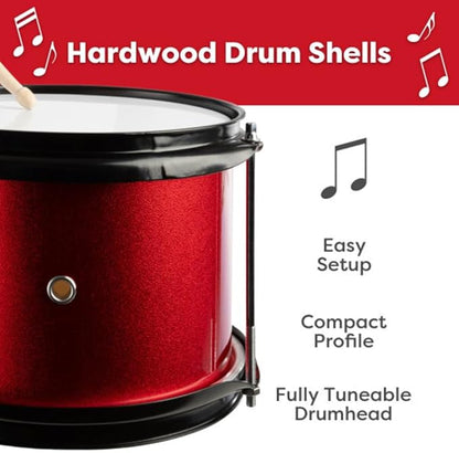 Hey Play Kids 3-Piece Drum Kit - Cymbal, 2 Toms, Bass Drum and Pedal, Drumsticks, and Throne - Beginner Musical Instruments (Red)