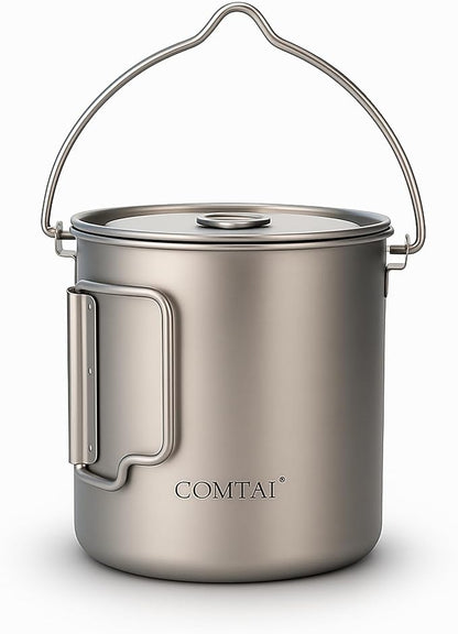 750ml/26oz Titanium Camping Pot with Lid and Foldable Handle, Ultralight Camping Mug for Hiking, Backpacking, Outdoor Cooking, and Travel