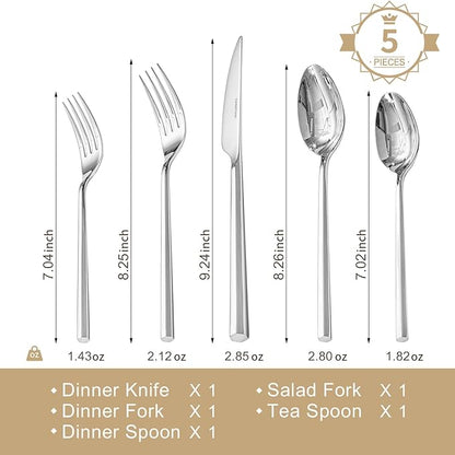 KINGSTONE 5-Piece Silverware Set, 18/10 Stainless Steel Flatware Cutlery Set with Hexagon Handle, for Hotel, Home, Party, Wedding Gift, Mirror Polish and Dishwasher Safe
