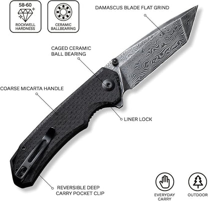 CIVIVI Brazen Pocket Knife,3.5-Inch Tanto Damascus Folding Knife, Micarta Outdoor Camping Hiking Knife with Thumb Studs and Flipper Opener,Unique Tool Gift for EDC Men Women C2023DS-1
