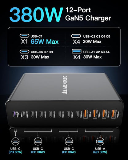 Aluminum Alloy 380W Charging Station Fast USB C Charger Block 12 Ports 65W