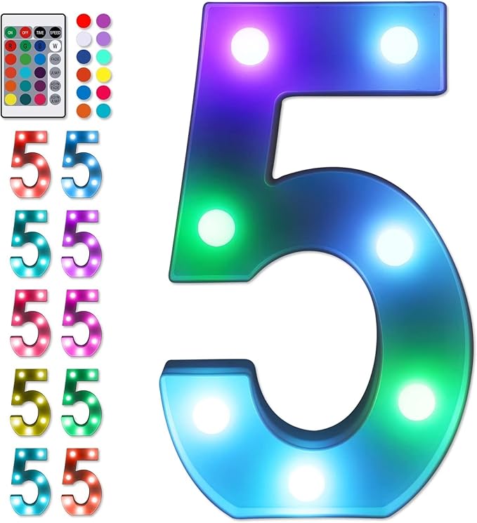 Foaky Colorful LED Number Lights with Remote,Marquee Light Up Number Sign for Night Light Wedding/Birthday Party Battery Powered Christmas Lamp Home Bar Decoration (5)