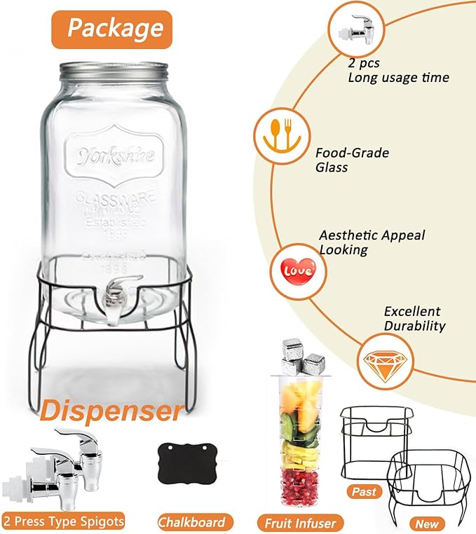 2 Gallon Drink Dispenser with 2 Press Type Spigot, Sun Tea Glass Mason Jar