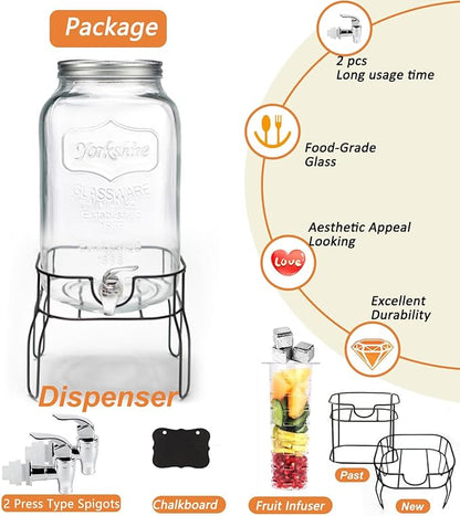 2 Gallon Drink Dispenser with 2 Press Type Spigot, Sun Tea Glass Mason Jar