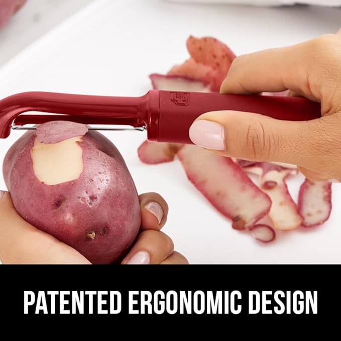 GORILLA GRIP Patented BPA-Free Sharp Stainless Steel Dual Swivel Vegetable Peeler, Soft Comfortable Handle, Smoothly Peel Apples, Potatoes, Carrots, Includes Blade Cover, Kitchen Tool Peelers, Red