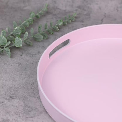 Round Pink Decorative Serving Tray with Handles, 13” Versatile Ottoman Tray for Coffee Table, Entertaining, Outdoor Patio, Living Room