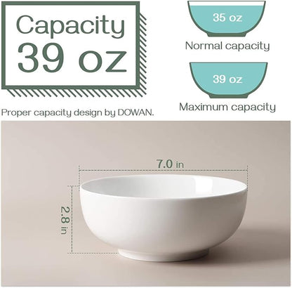DOWAN Soup Bowls, Ramen Bowl for Noodle, 39 Ounce large Cereal Bowls for Kitchen, 7 Inches Centerpiece Bowls, Microwave and Dishwasher Safe, White