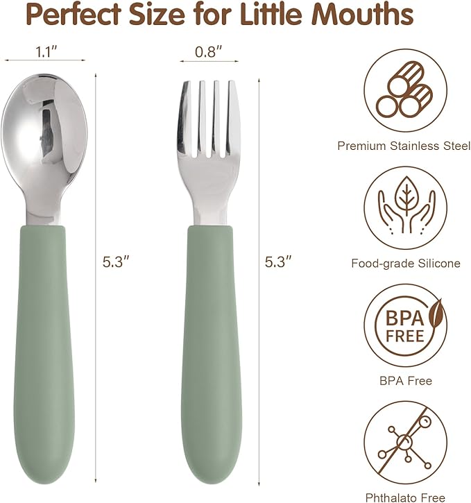 Toddler Utensils, Kids Silverware with Silicone Handle, Spoons and Forks Set, 18/8 Stainless Steel Children Safe Feeding Supplies, 6 Pack, Dishwasher Safe