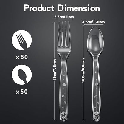 100 Count Plastic Silverware Heavy Duty 50Forks50Spoons | Shatterproof BPA-Free Disposable Cutlery Heat Resistant Disposable Plastic Utensils for Catering & Events, Party Supplies