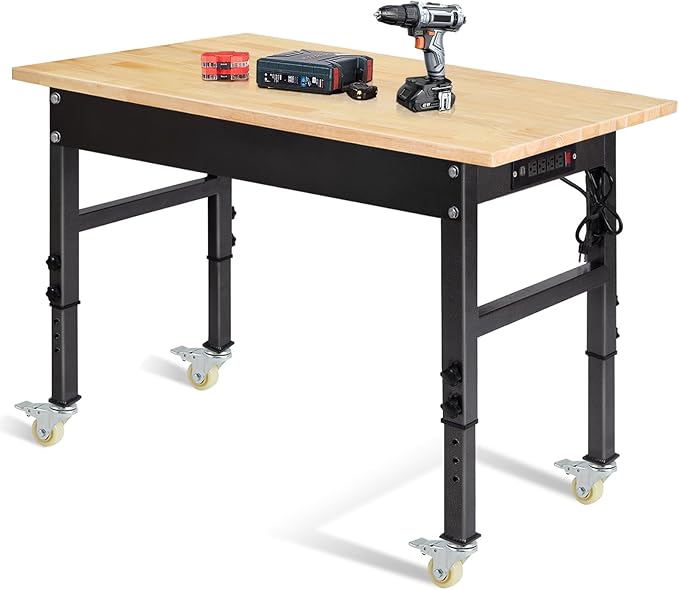 48" Adjustable Work Bench, Rubber Wood Top Workbench Heavy-Duty Work Table with Power Outlet,workbenches Wheels, 2000 LBS Load Capacity Hardwood Work Benches for Garage, Workshop, Home, Office
