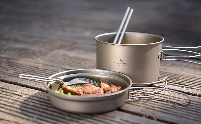 Boundless Voyage Outdoor Titanium Pot with Pan Set with Collapsible Folding Handle for Outdoor Camping Cooking Hiking Backpacking Portable Cookware