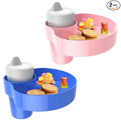 2 Pack Car Seat Cup Holder Snack Tray: Travel Tray for Kids Car Seat Food Tray for Kids Travel, Toddler Carseat Eating Plate Table, Kid Road Trip Table Essentials Accessories, Pink+Blue