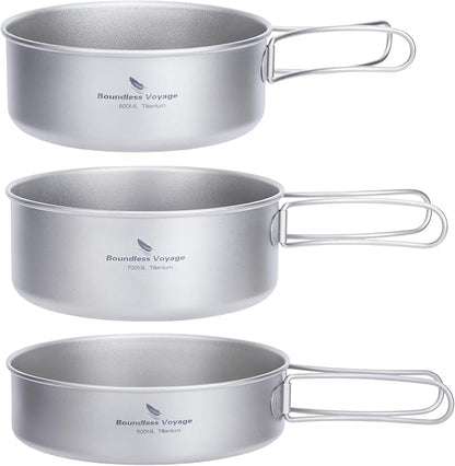 Boundless Voyage Titanium Pots Pans Set Camping Cookware 500ml 600ml 700ml Bowls Outdoor Portable Lightweight Stackable Cooking Kit with Folding Handle 3 Pieces Set Tableware for 1-3 Person Ti2032C