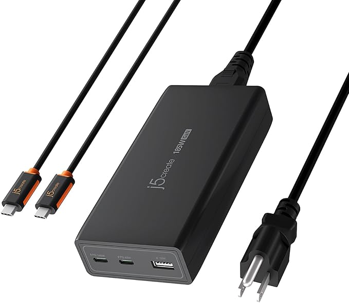 j5create 185W GaN USB-C/A 3-Port Laptop Super Charger w/Power Delivery 3.1