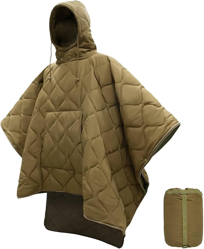 Poncho Liner Hoodie with Pocket Insulated Military Sleeping Bag Waterproof for Outdoor Camping Travel Survival Hunting Car Emergency