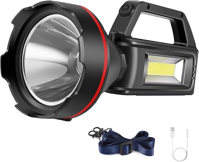 Rechargeable Spotlight Flashlight, High Lumens Handheld Spotlight,LED Searchlight with Shoulder Strap and USB Output for During Hurricane,Emergency, Storms, Outages,Hunting, Hiking, Camping(Black1)