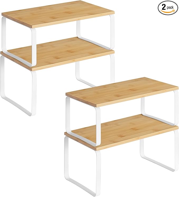 HOOBRO Cabinet Organizer Shelf, Expandable Kitchen Storage, Stackable Bamboo