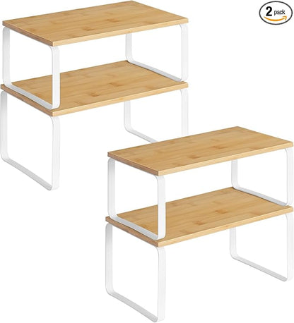 HOOBRO Cabinet Organizer Shelf, Expandable Kitchen Storage, Stackable Bamboo