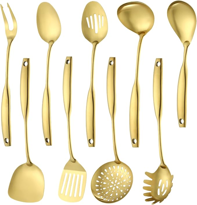 Lazycorner Kitchen Utensil Set 9-Piece Stainless Steel 304 Polished Mirror Finish Cooking Spoons, Slotted Spoon, Turner, Spatula, Pasta Spoon– Dishwasher Safe, Rust-Resistant