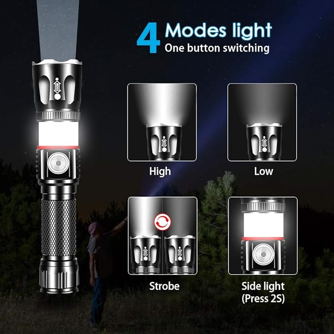 Tactical Flashlight Rechargeable, High Lumens Led Flashlights Handheld-Magnetic Base, Super Bright, Zoomable, Water-Resistance, 4 Modes, Powerful Flash Light for Camping, Hiking and Emergence