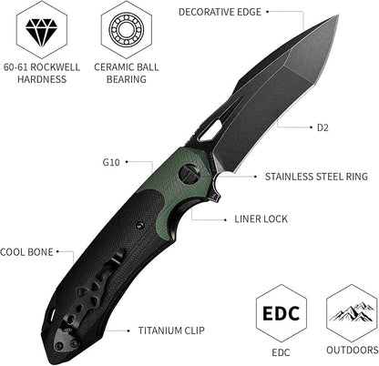 D2 Steel Folding Knife - 9CM Black Tactical Blade, G10 Handle, Pocket Clip - EDC Camping, Survival, Hunting - 60-61HRC, Vacuum Heat Treated, Stonewash Finish