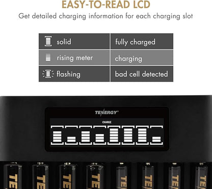Tenergy 8 Count AA NiMH Premium Pro Rechargeable Batteries and TN480U 8-Bay LCD