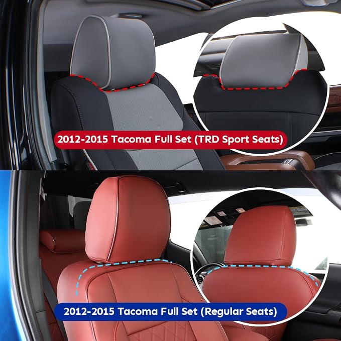 EKR Custom Fit Tacoma Leather Car Seat Covers for Toyota Tacoma 2012 2013 2014 2015 (TRD Sport Seats)- Full Set,Faux Leather(Black with Red Trim)