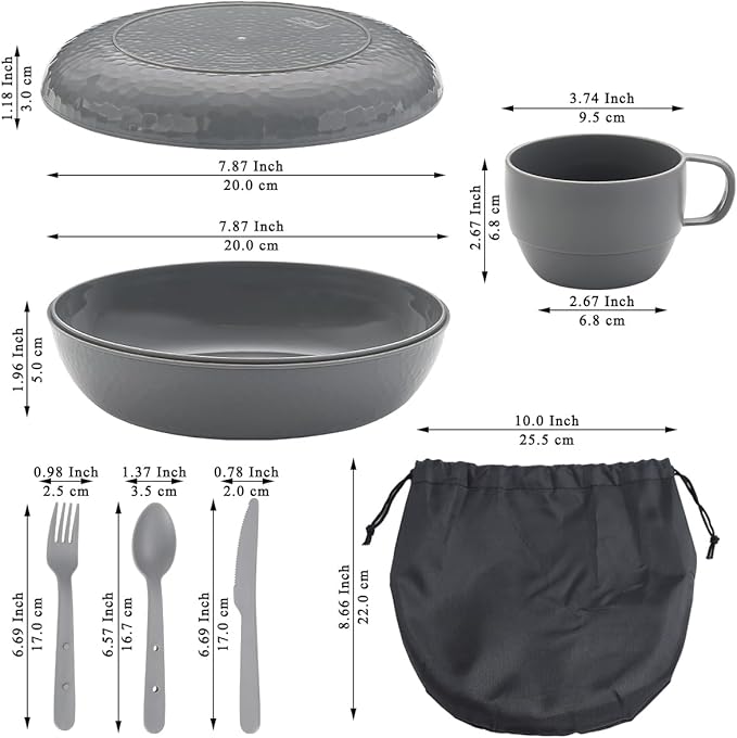 Berglander Camping Mess Kit with Bowl, Plate, Cup, Spoon, Fork, Knife and Carry Bag, Plastic Camping Accessories Essentials Gear for Travel, Camping, Picnic, Outdoor, Easy to Carry & Store