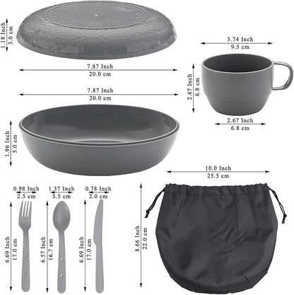 Berglander Camping Mess Kit with Bowl, Plate, Cup, Spoon, Fork, Knife and Carry Bag, Plastic Camping Accessories Essentials Gear for Travel, Camping, Picnic, Outdoor, Easy to Carry & Store