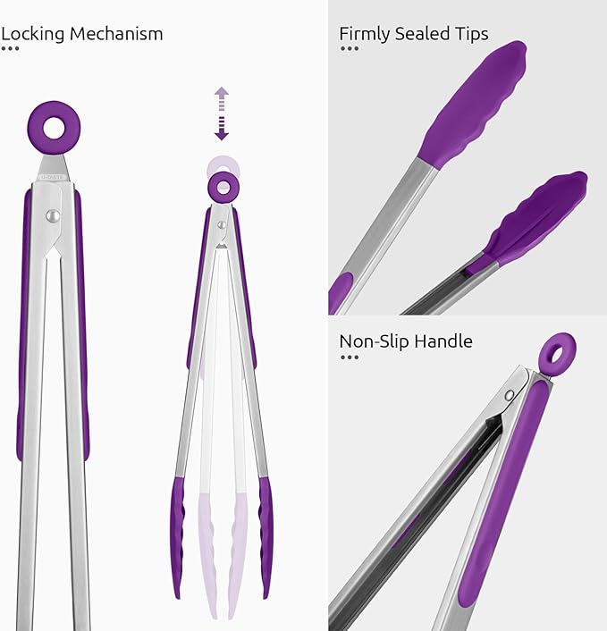 600ºF Heat Resistant Kitchen Tongs: U-Taste 9+12 inch Silicone Cooking Tong Set with Firm Sealed Non Stick Rubber Tips and Silicon Coated 18/8 Stainless Steel Handle for Serving Grilling Salad(Purple)