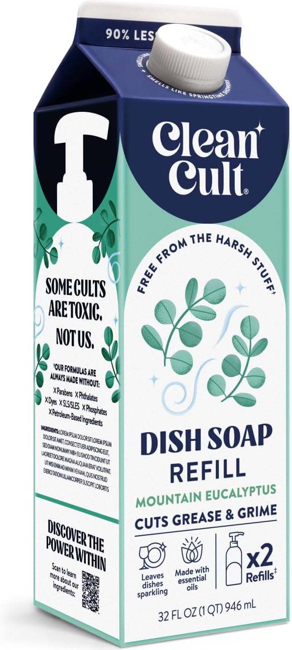 Cleancult Dish Soap Liquid Refill (32oz, 1 Pack) - Plant Based Cleaning Power - Dish Soap that Cuts Grease & Grime - Free of Harsh Chemicals - Uses 90% Less Plastic - Mountain Eucalyptus