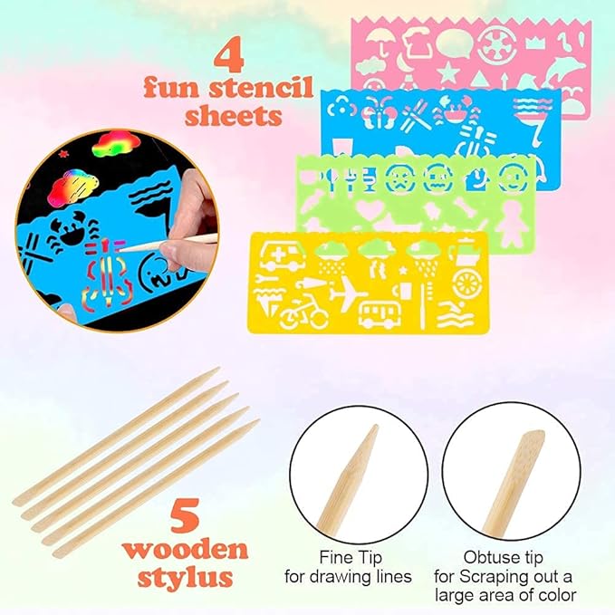 Mocoosy 60 Pcs Rainbow Scratch Art Paper for Kids, Magic Scratch Paper Set Art and Craft Kit, Black Scratch Sheets for Party Game Activities Birthday Gifts Toys Girls Boys 3 4 5 6 7 8 9 10 Years Old