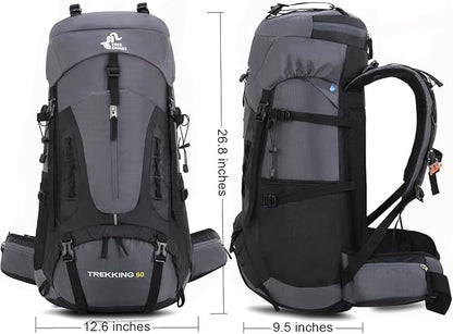 Bseash 60L Hiking Camping Backpack with Rain Cover, Waterproof Large Capacity Outdoor Sport Travel Daypack Climbing Touring (Gray)