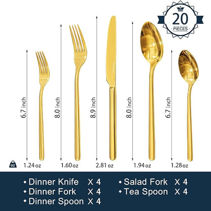 KINGSTONE Gold Silverware Set, 20 Piece Flatware Cutlery Set for 4, 18/10 Stainless Steel Silverware Mirror Polished Dishwasher Safe for Home, Restaurant, Wedding, Party(Gold, 20 pieces for 4)
