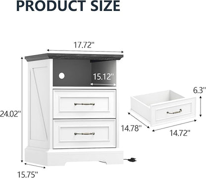 Nightstand with Charging Station, Rustic Farmhouse Wood Small Dresser, Bedside