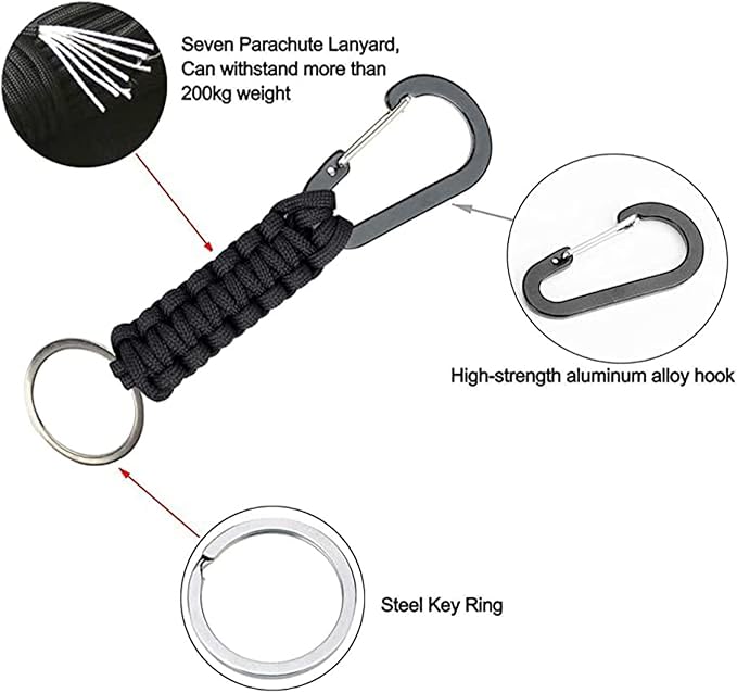 BRAVESHINE Paracord Keychain Carabiner Clip, D Ring Lanyard Hanger Stroller Hook for Water Bottle, Key, Backpacks, Men, Women