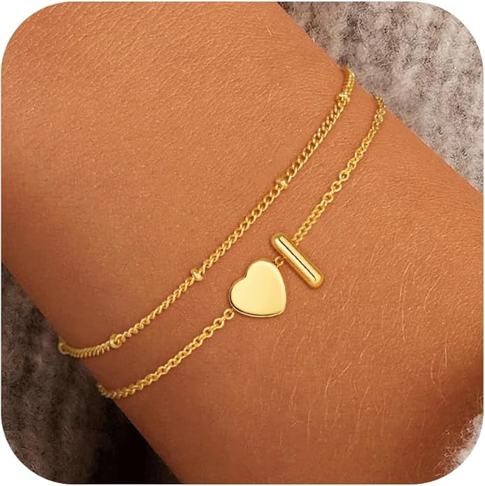 Heart Initial Bracelets for Women Girls - 18K Gold Plated A-Z Initial Bracelet Dainty Gold Bracelets for Women Teen Girl Gifts Trendy Stuff